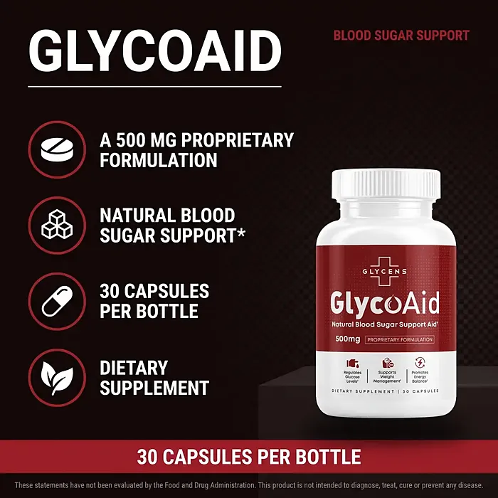 GlycoAid product card listing a 500 mg proprietary formulation and 30 capsules per bottle