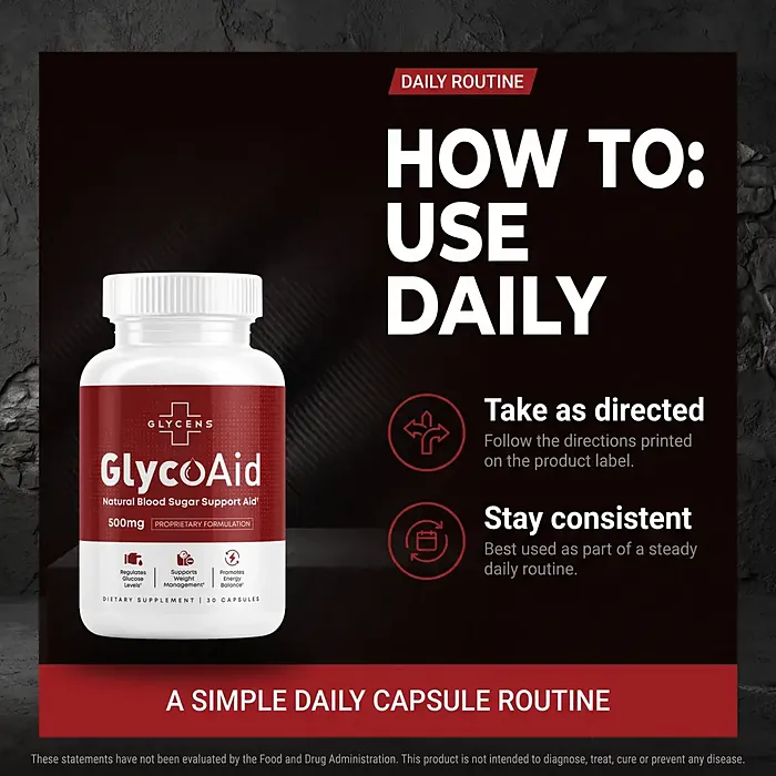 GlycoAid daily routine card: take as directed and stay consistent